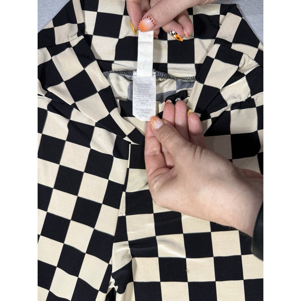 Y2K Crépas Women's Black & White Checkered Flare Pants Size S Moto Stretch Emo - Picture 5 of 8
